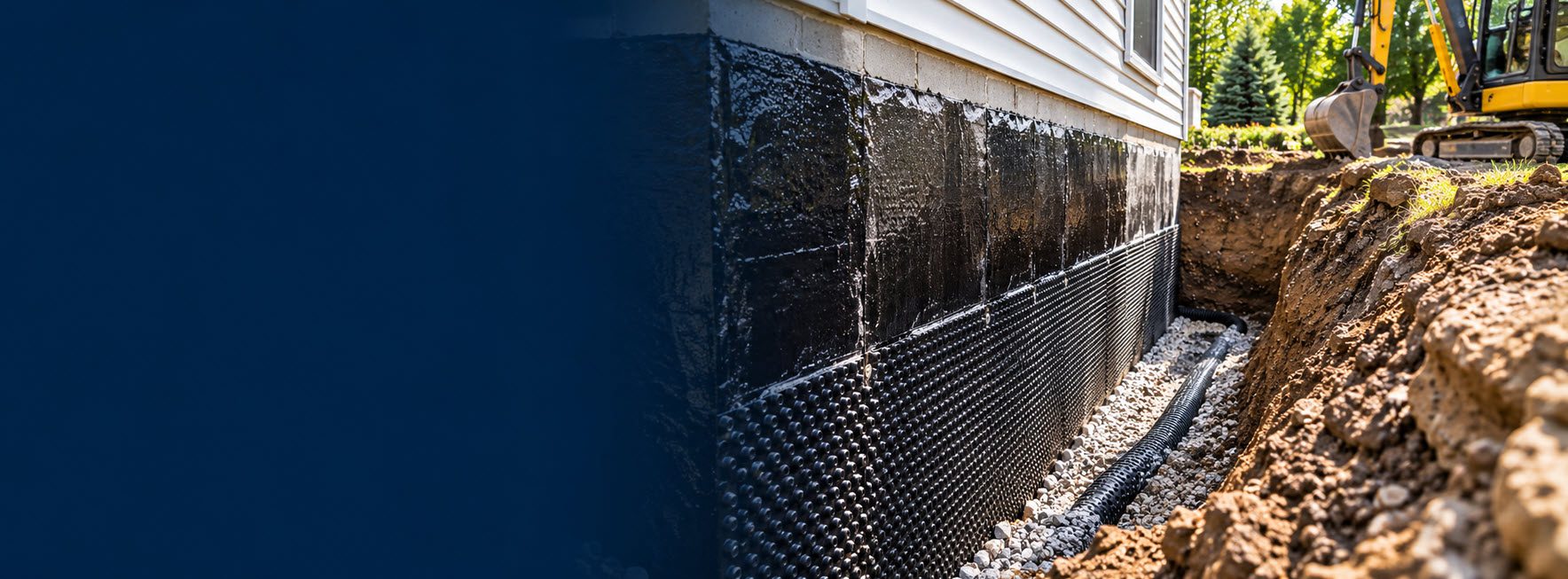 Foundation wall excavated and coated with exterior waterproofing in Southeastern Wisconsin