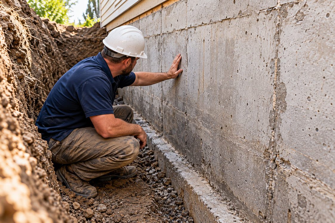 Excavated foundation wall prepared for exterior waterproofing