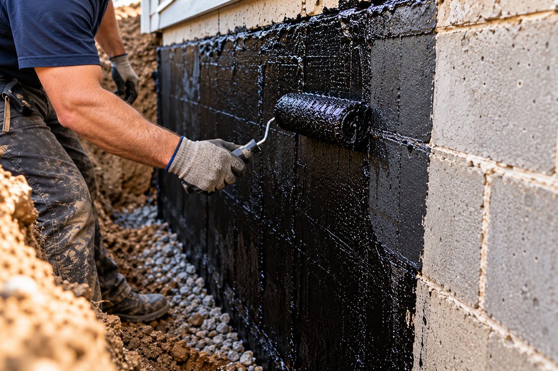 Black waterproofing membrane being applied to a foundation wall