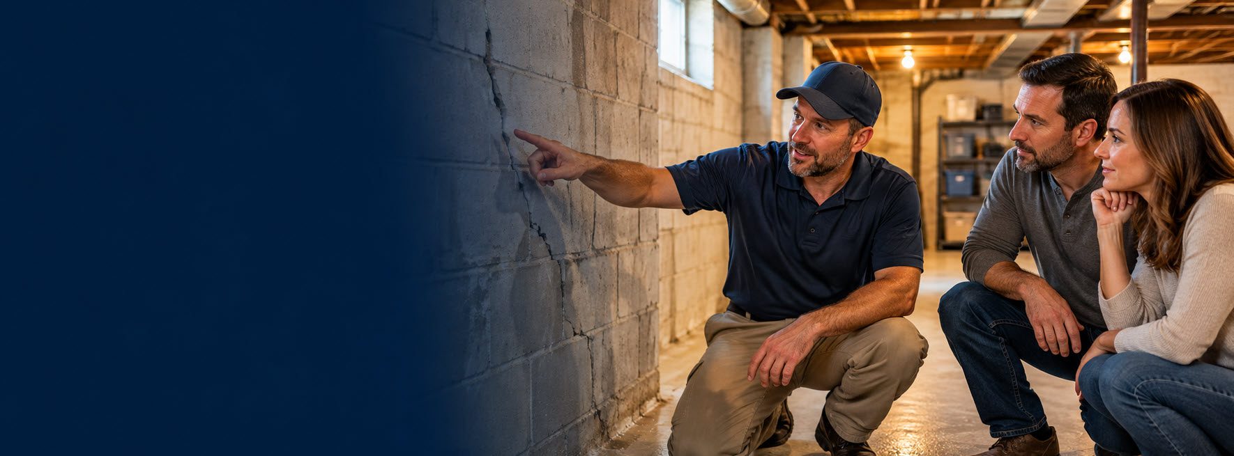 Homeowner talking with a foundation specialist in a basement