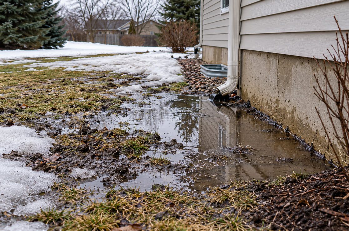Saturated soil and high groundwater beneath a home after spring thaw