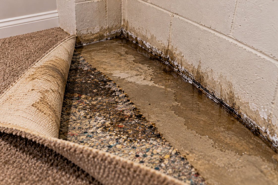 Water seeping out of the cove joint at the base of a basement wall