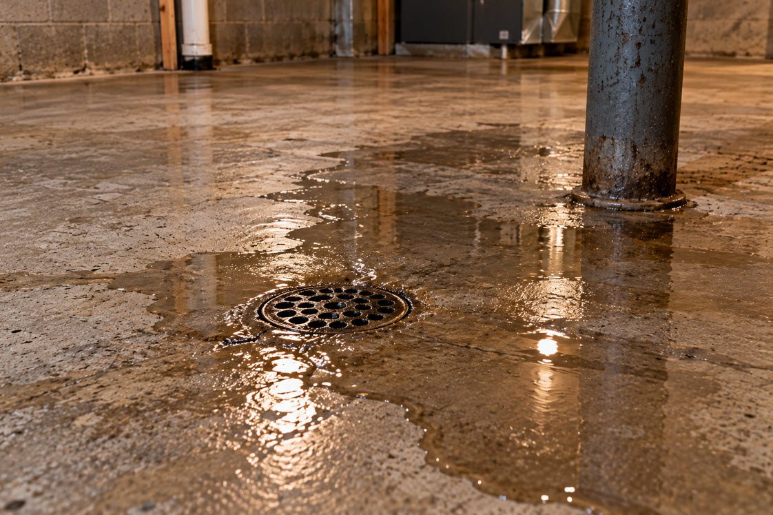 Water pooling around a basement floor drain