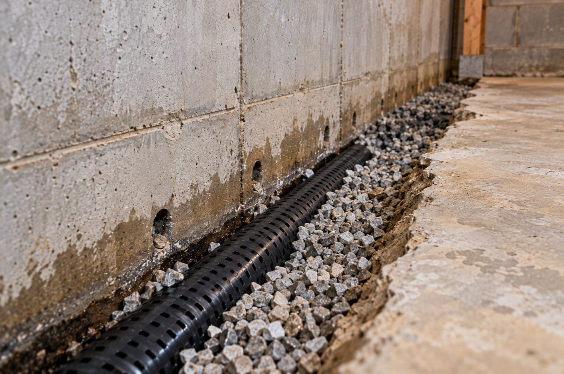 Perforated drain tile set in clean gravel along a basement footing