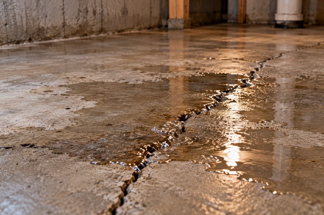 Water rising through a crack in a basement concrete floor