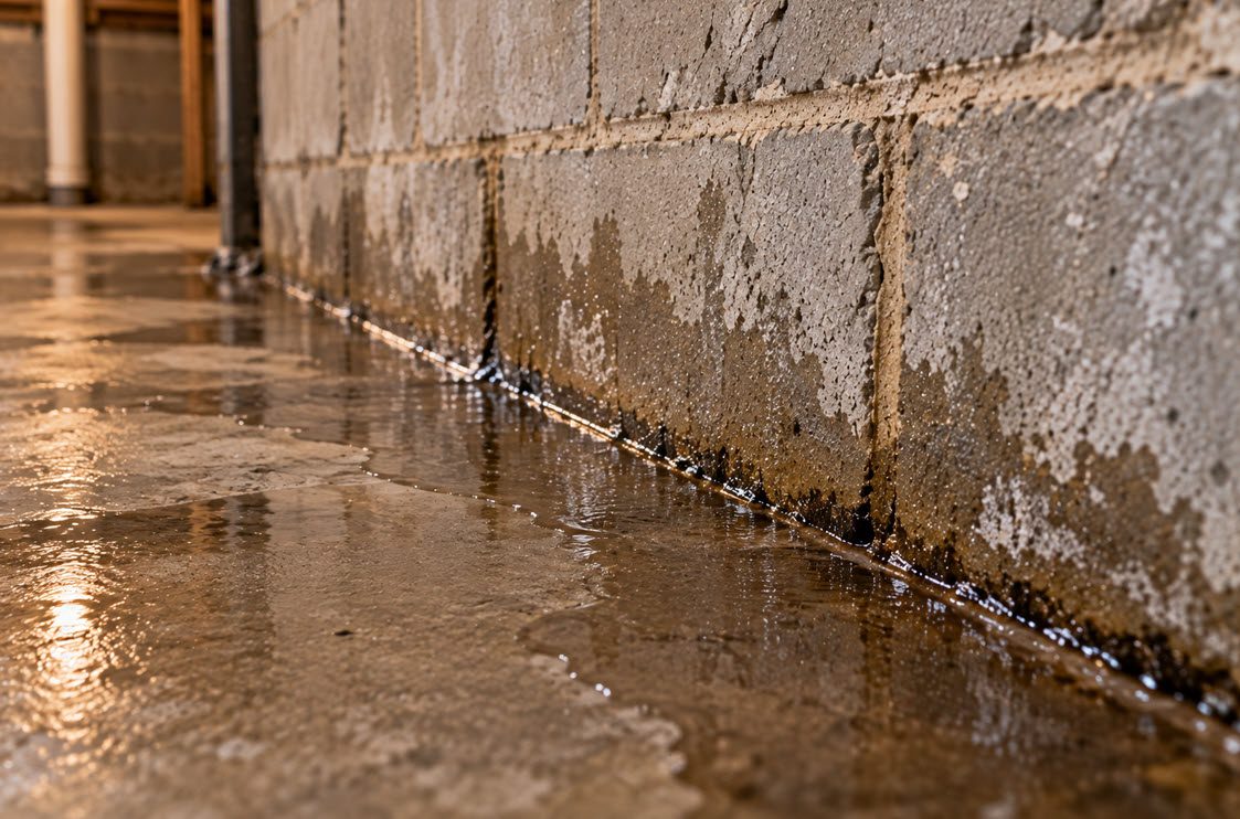 Thin wet line spreading along the base of a basement wall