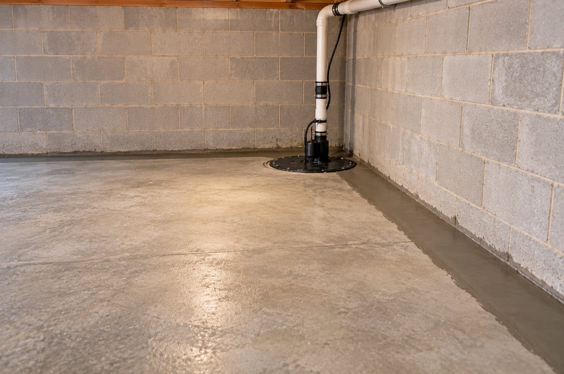 New sump pit and patched concrete floor in a dry basement