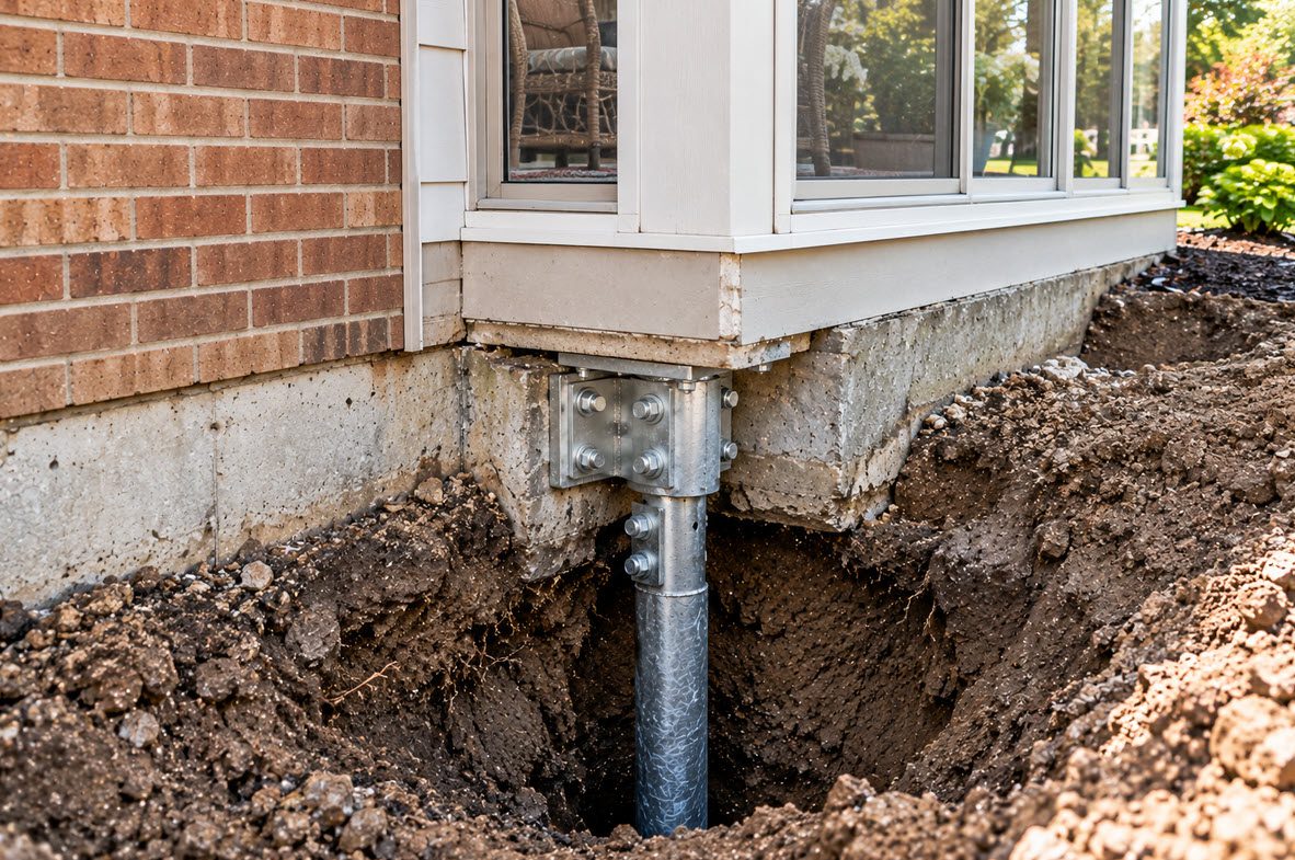 Helical pier supporting the footing of a home addition