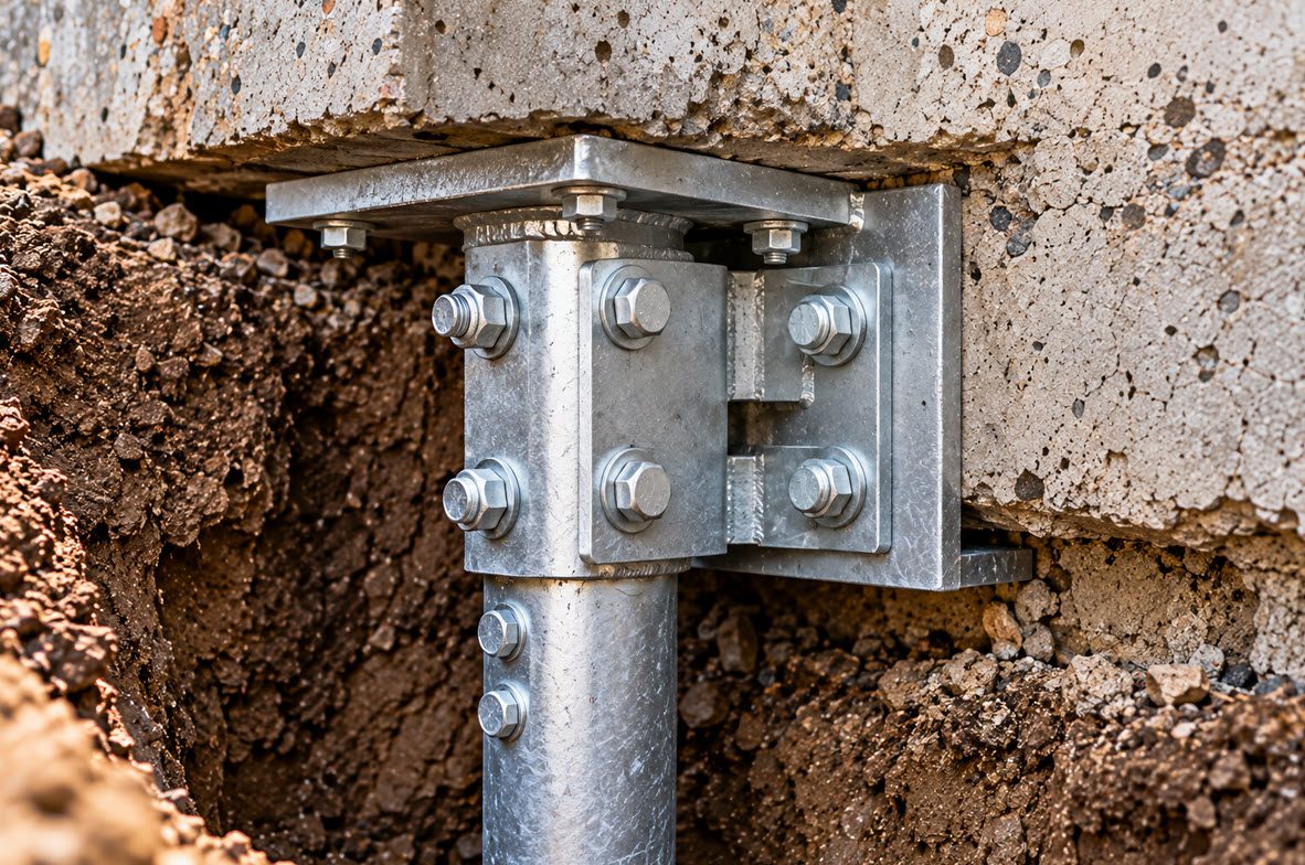 Steel bracket connecting a helical pier to a foundation footing