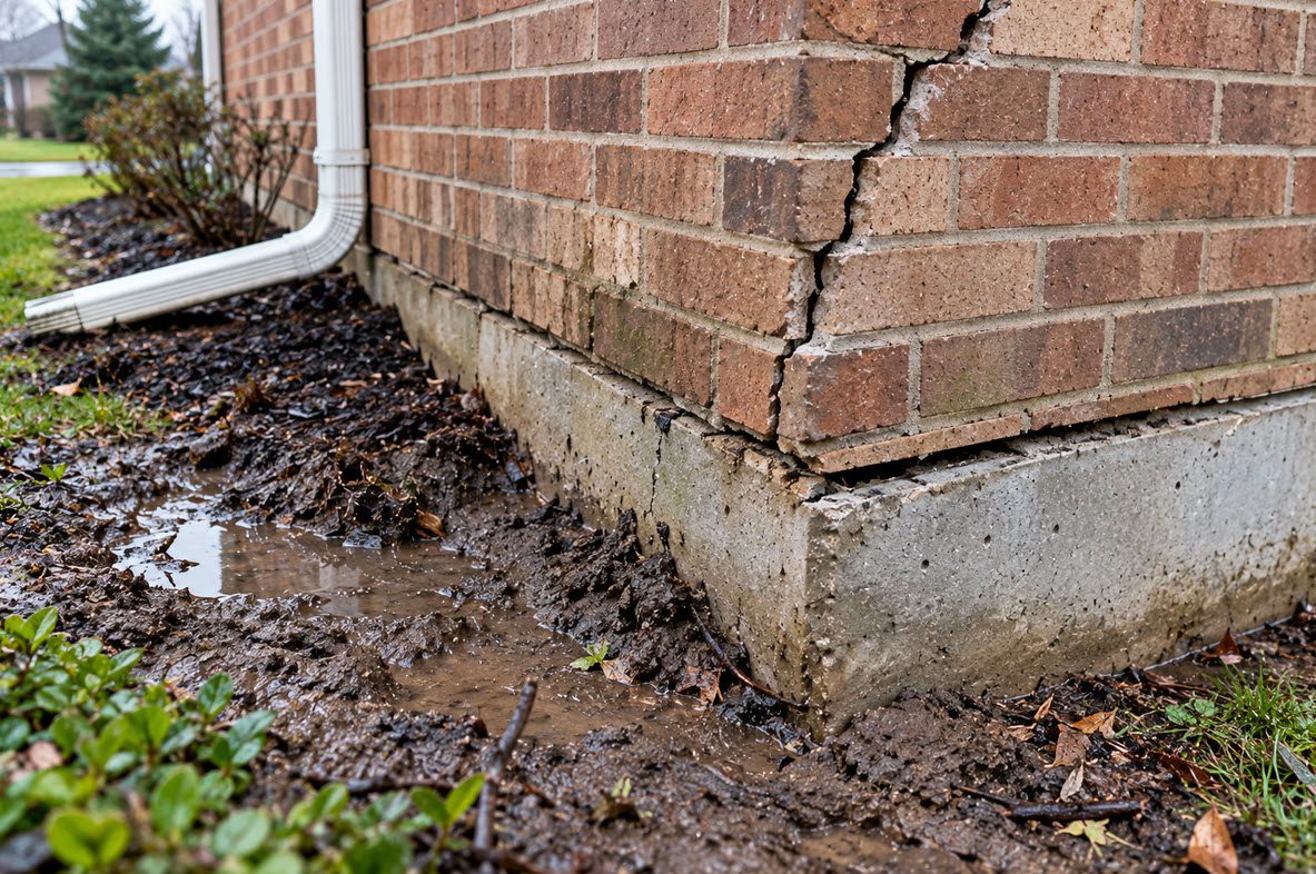 Settled foundation corner on soft, wet soil