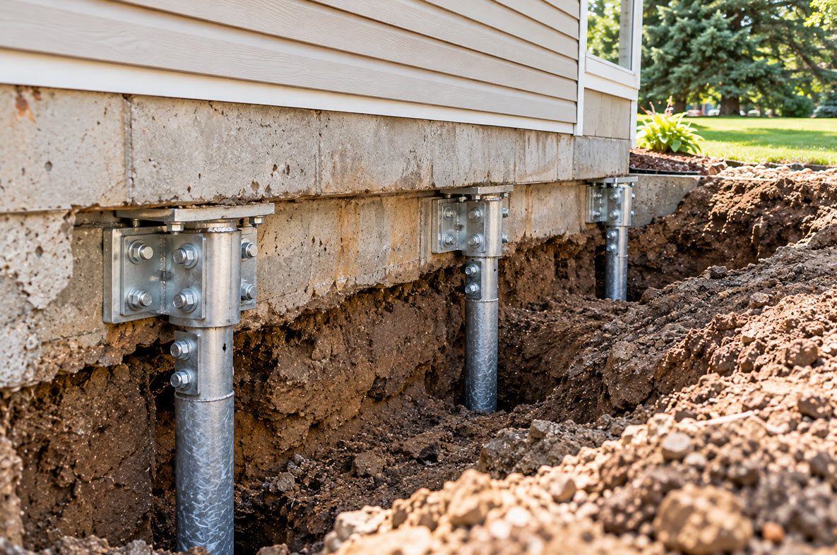Row of helical piers installed along a settled foundation