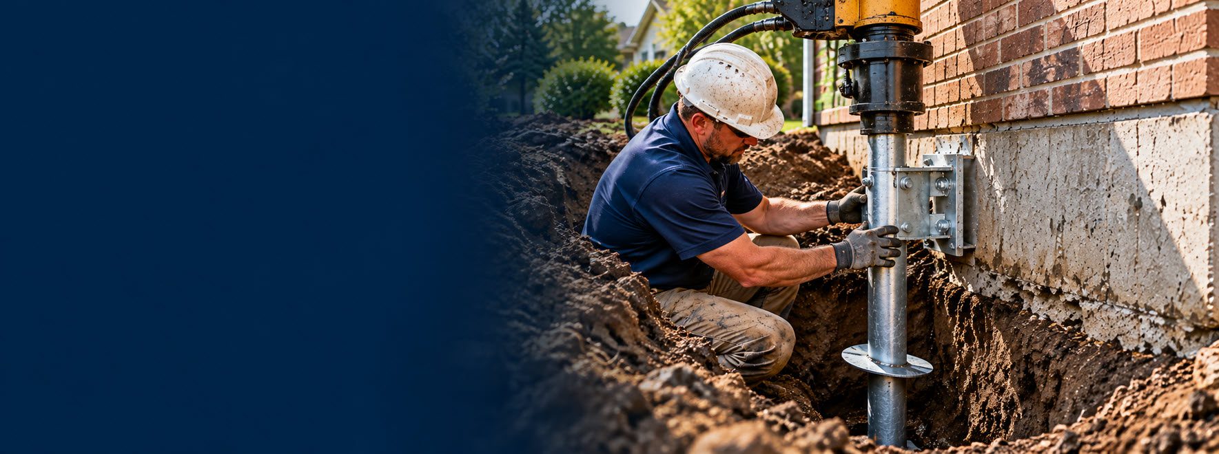Helical pier being installed beside a home foundation in Southeastern Wisconsin