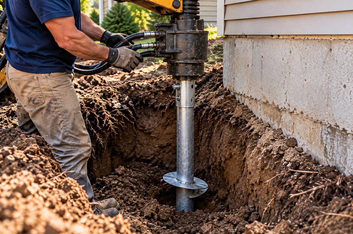 Helical pier being turned into the ground beside a foundation