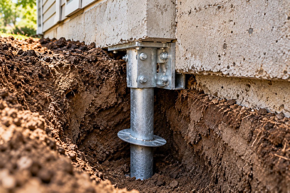 Helical pier shaft and bracket next to an exposed foundation footing