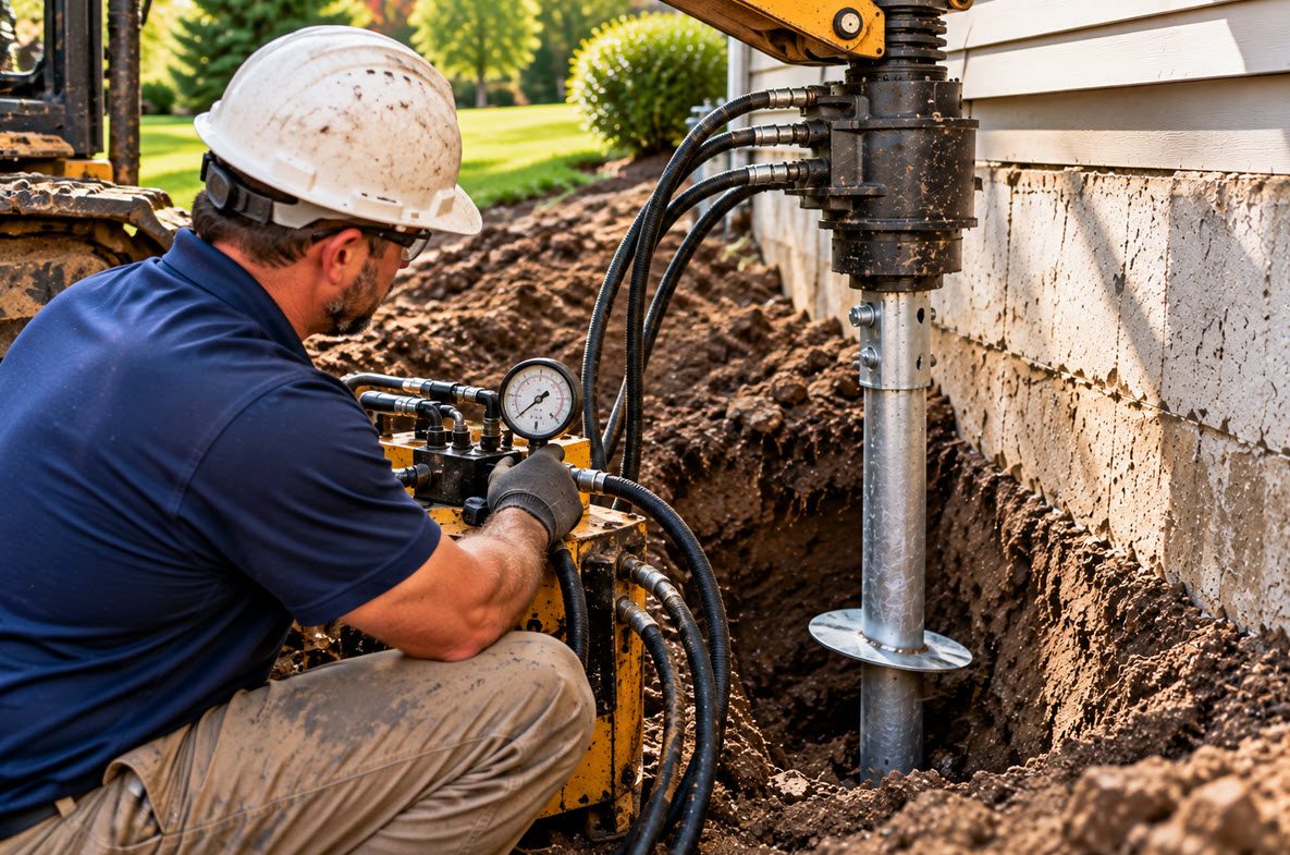 Installer monitoring a gauge while a helical pier is driven
