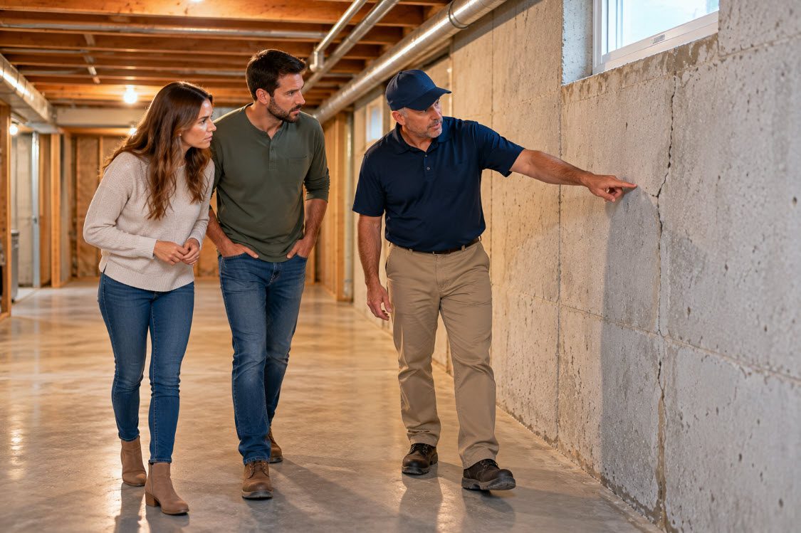 Home buyers walking through a basement with a foundation specialist