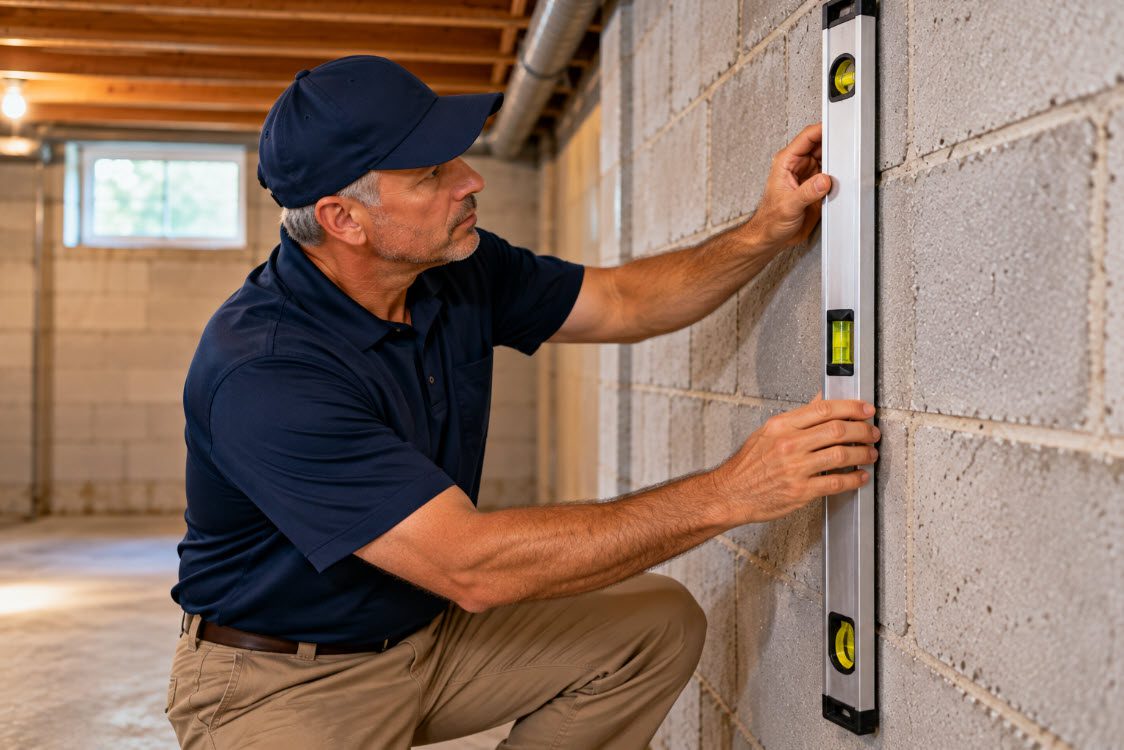 Foundation specialist measuring a basement wall during a real estate inspection