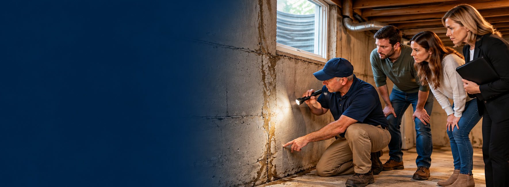Foundation specialist inspecting a basement during a home sale in Southeastern Wisconsin