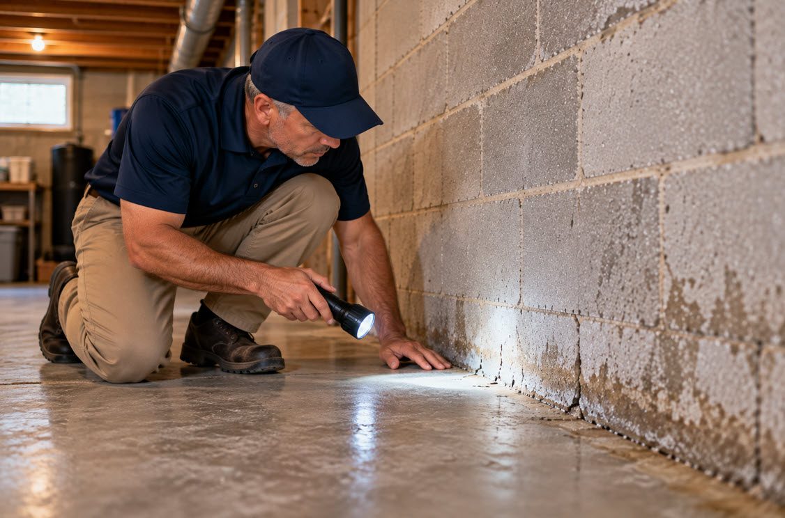 Foundation specialist checking a basement wall with a level during a real estate inspection