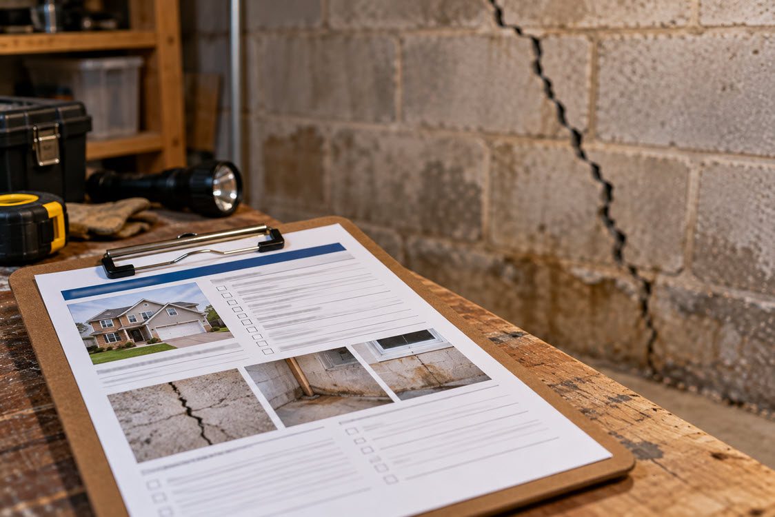 Home inspection report noting foundation cracks that need a specialist evaluation