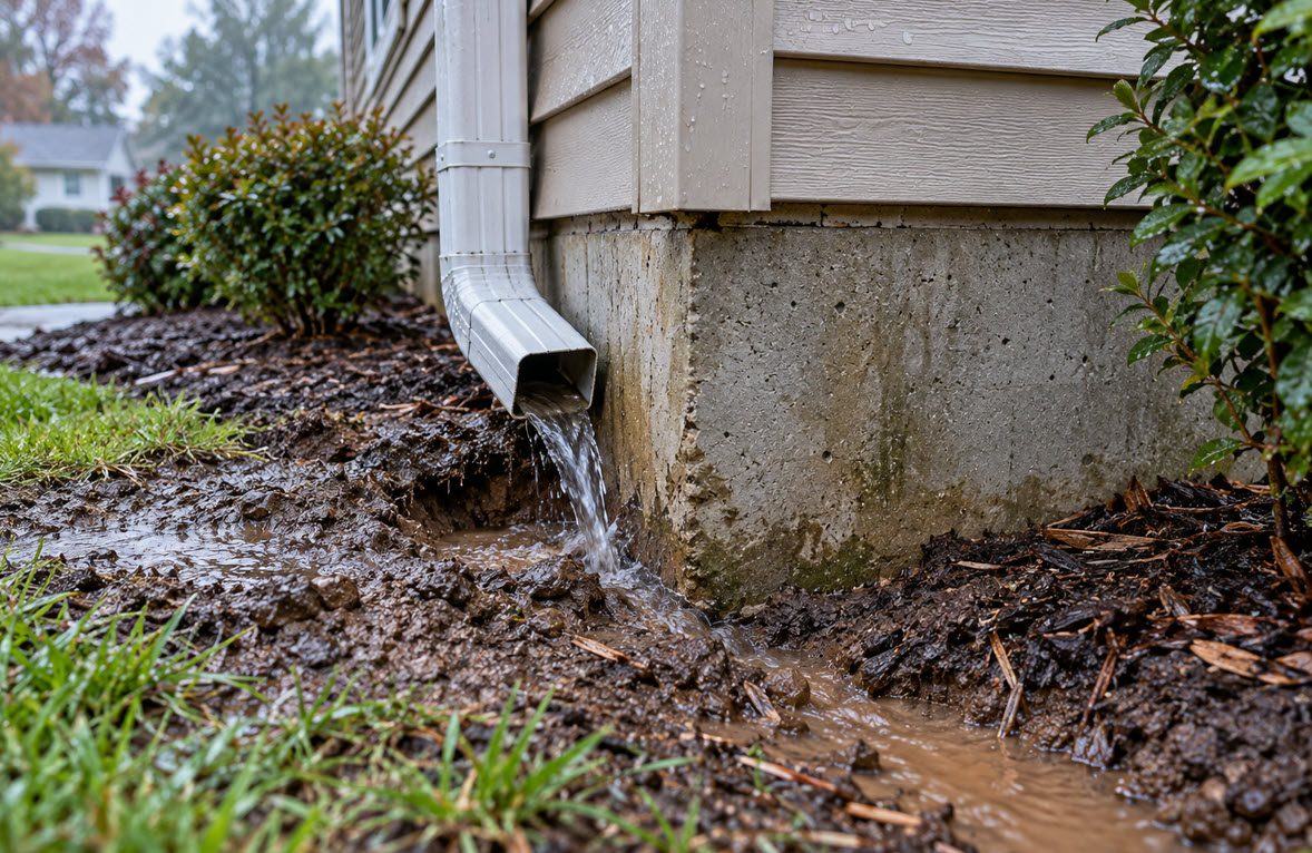 Downspout emptying water against a home foundation corner