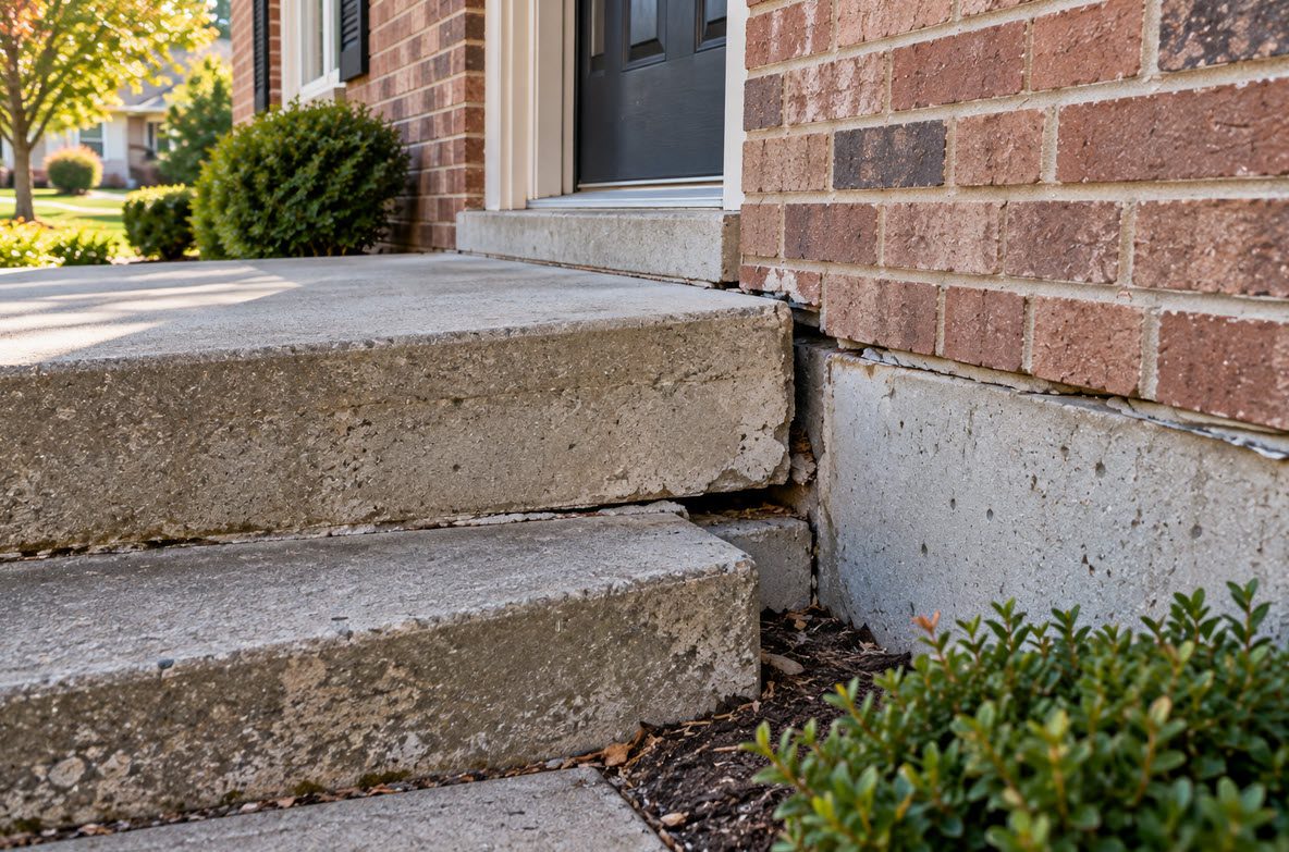 Gap opening between a concrete stoop and the brick wall of a house
