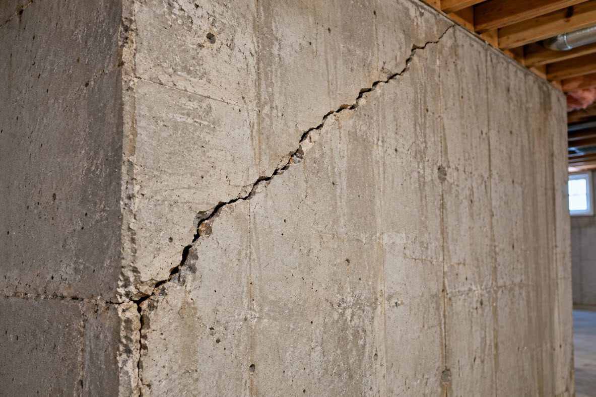 Diagonal crack running up from the corner of a basement foundation wall