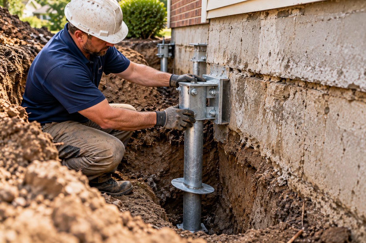Helical piers installed beside a settling foundation footing