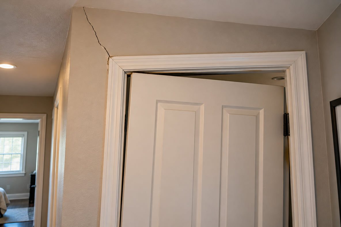Interior door frame out of square with a drywall crack above it