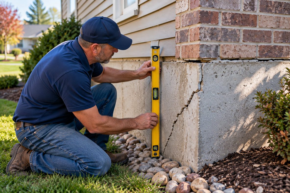 Technician checking a settled foundation corner with a level