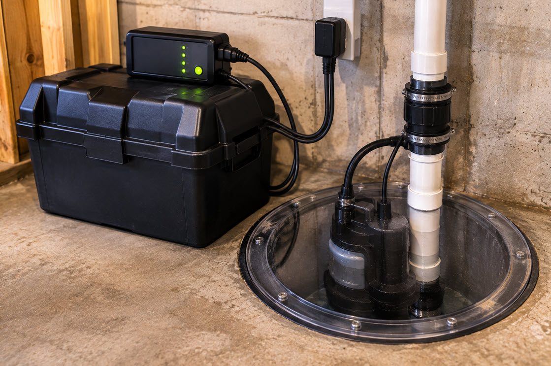 Battery backup sump pump with a control panel and battery