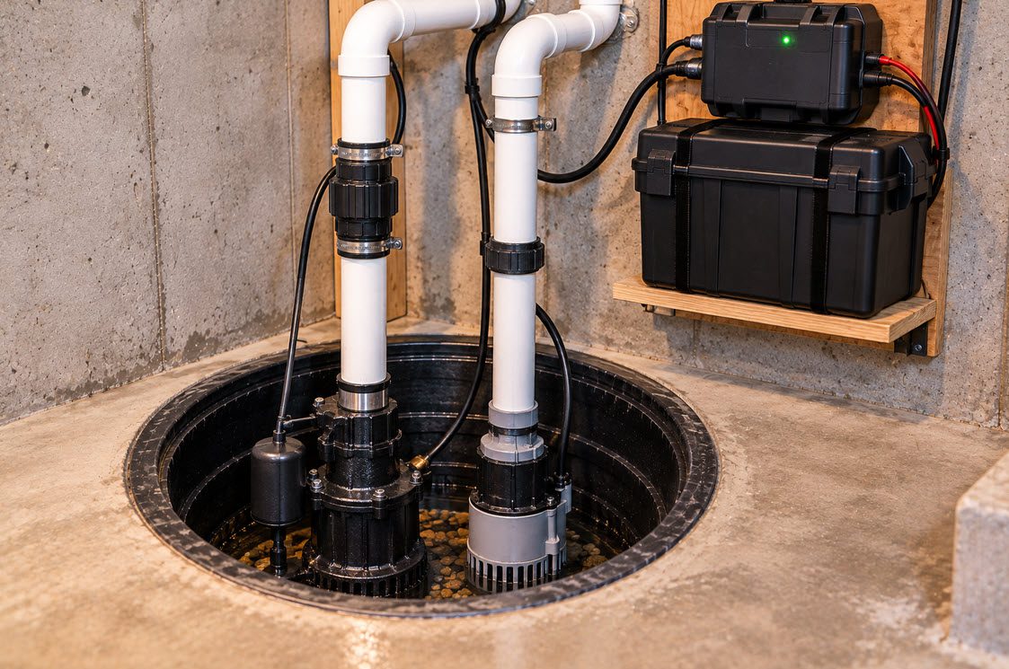 Battery backup sump pump system installed beside a primary pump