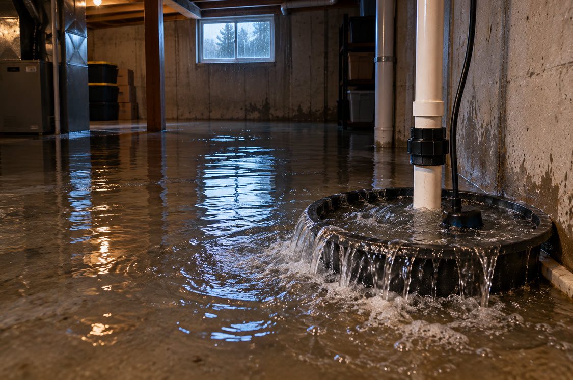 Basement flooded after a sump pump failure during a storm