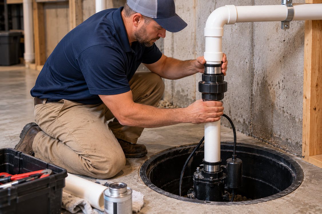 New submersible sump pump installed with a check valve and discharge pipe