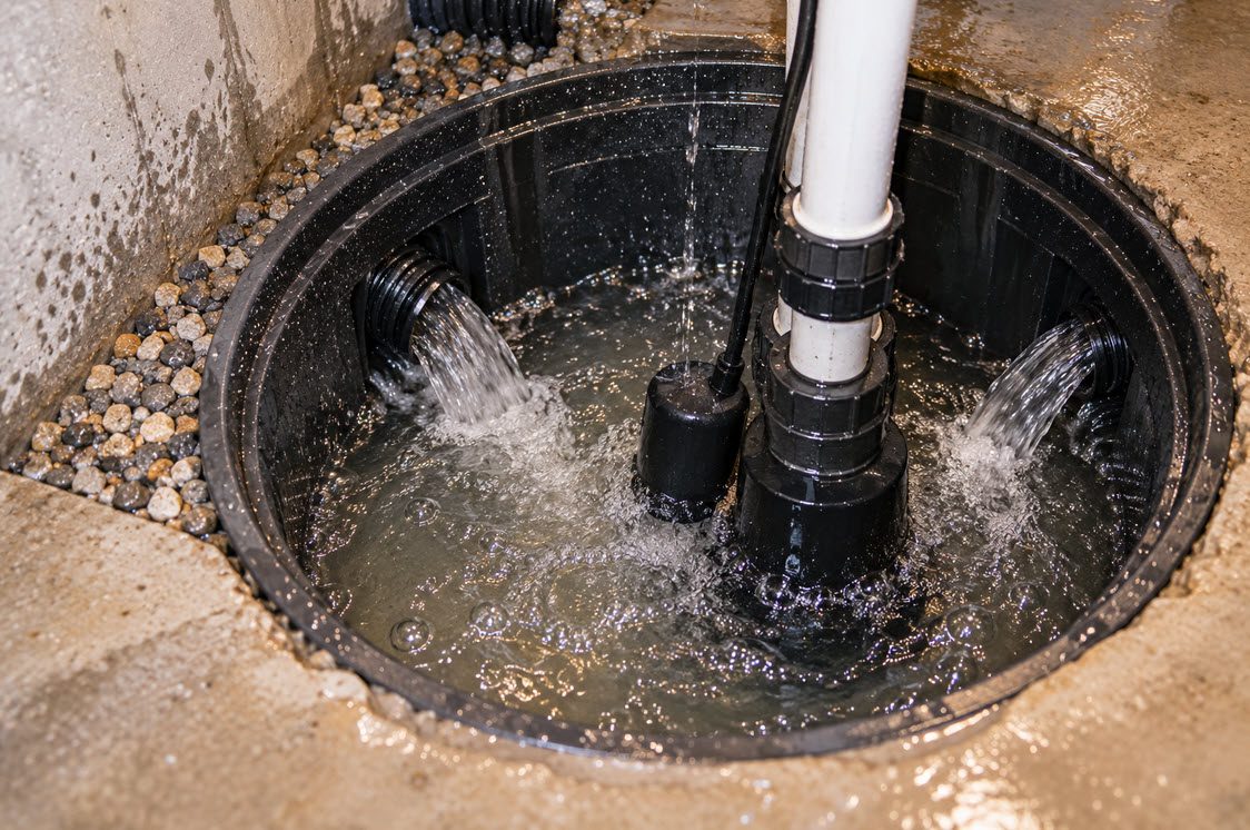 Sump pit with a pump running during a storm