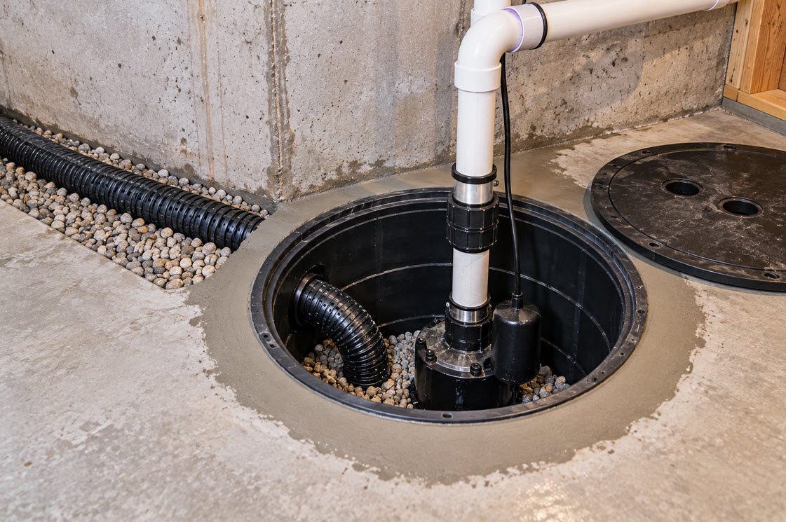 Sealed sump pit set into a basement floor with drain tile entering