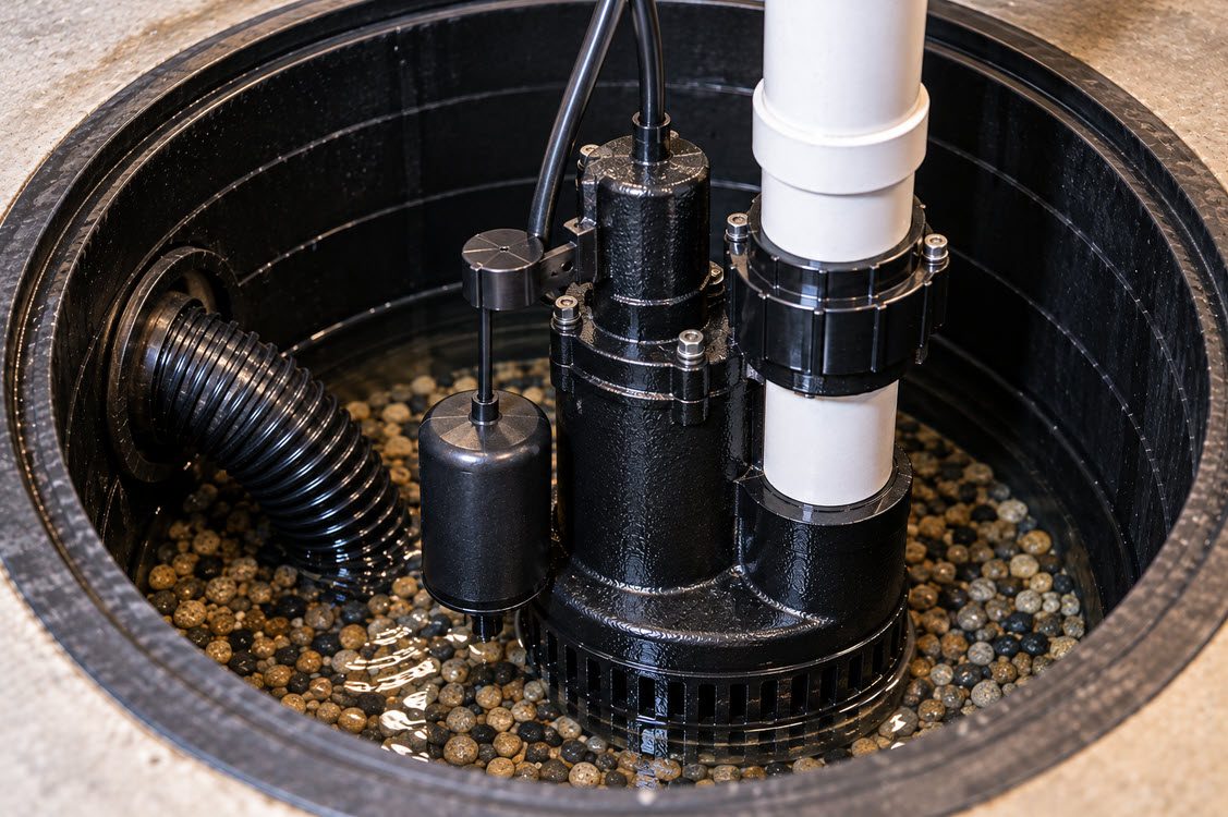 Submersible primary sump pump inside a sump pit