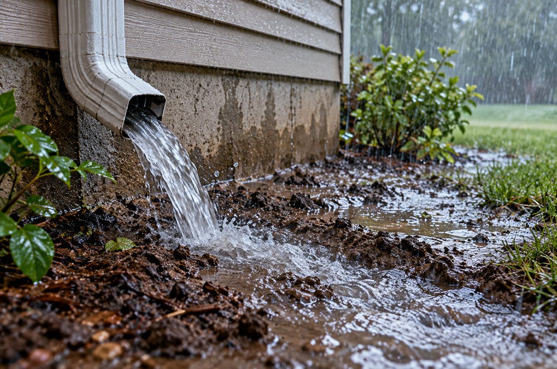 Downspout emptying rainwater beside a home foundation