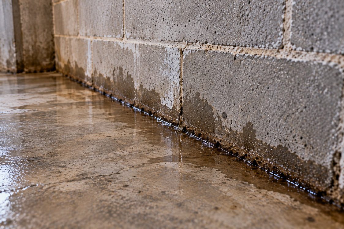 Water seeping along the joint where the basement floor meets the wall