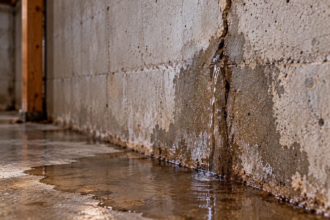 Water trickling from a crack in a basement wall
