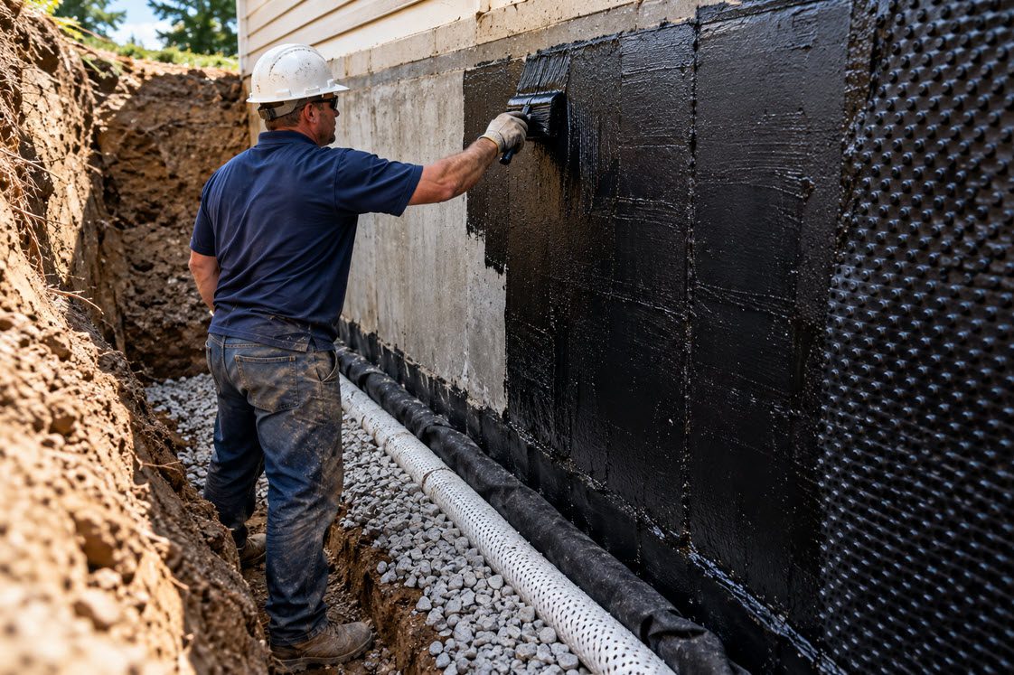 Foundation wall coated with exterior waterproofing during excavation