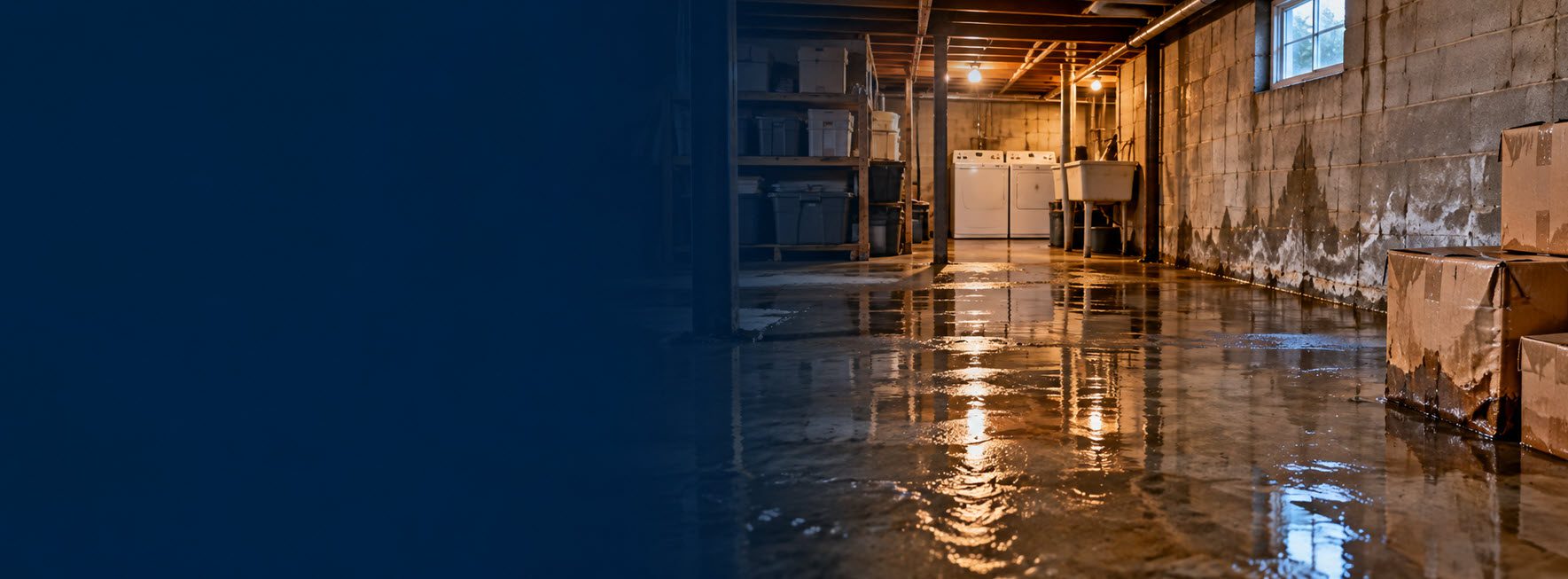 Water on a basement floor after heavy rain in a Southeastern Wisconsin home