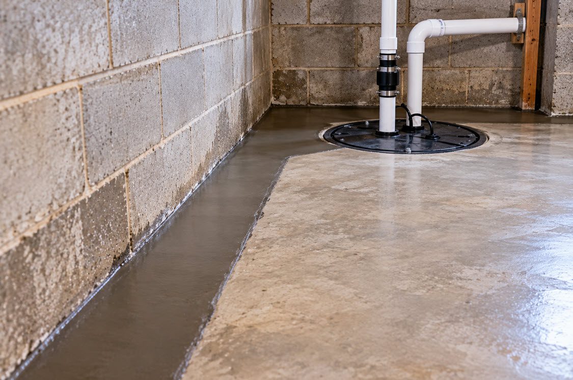 Interior drain tile and sump pit installed along a basement wall