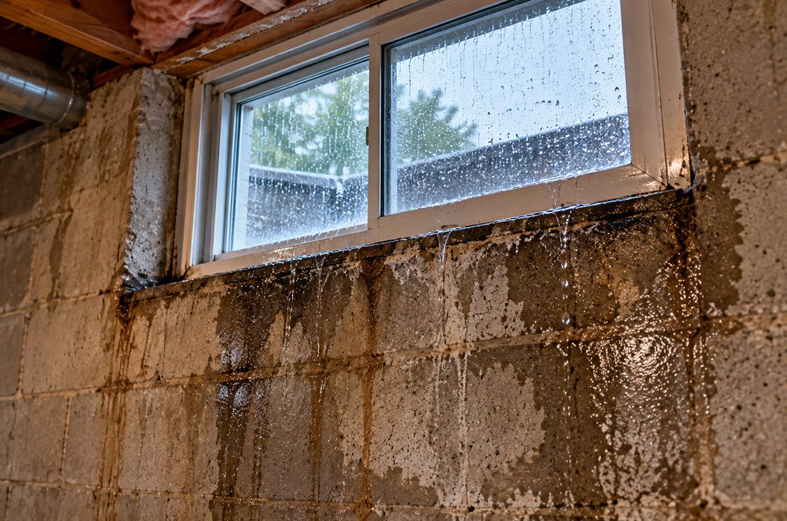 Basement window well filled with water