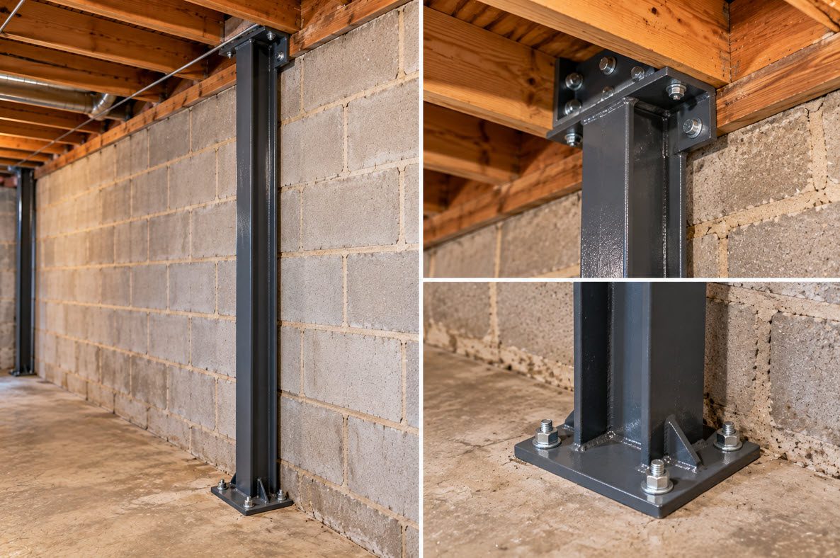 Evenly spaced steel wall braces on a basement wall