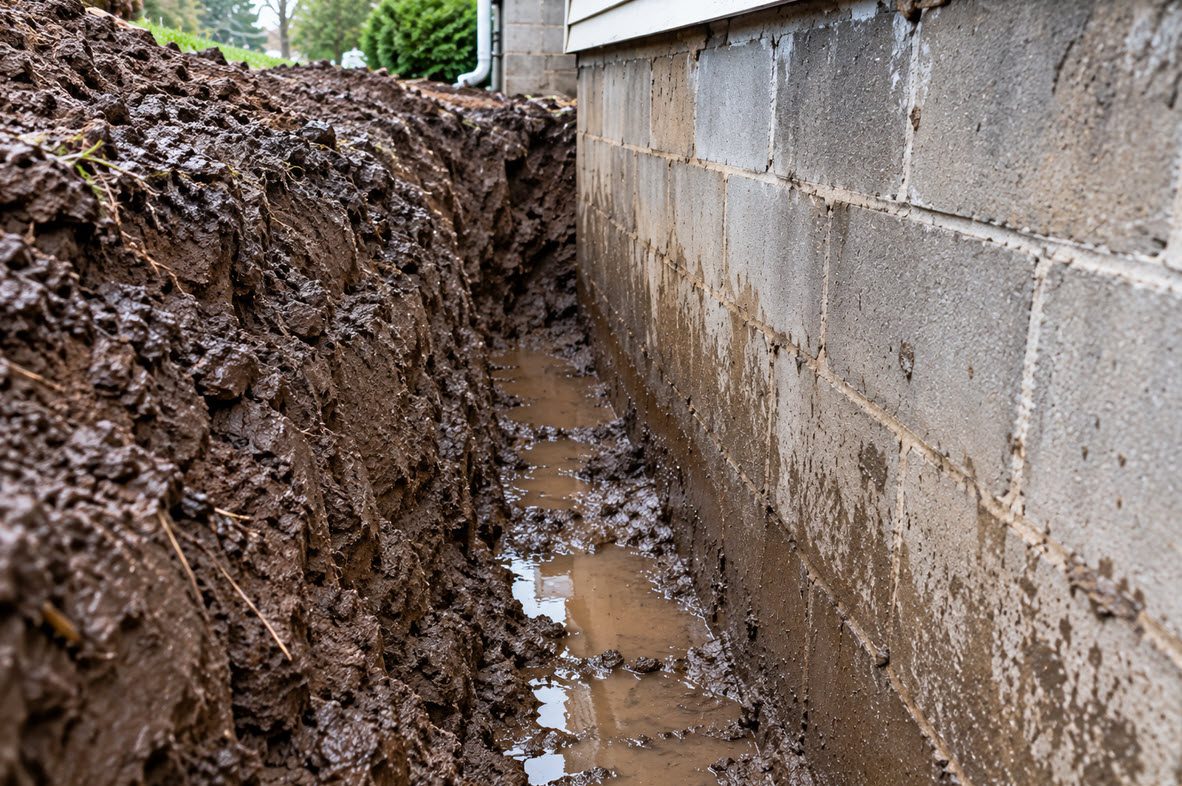 Wet clay soil packed against the outside of a basement wall