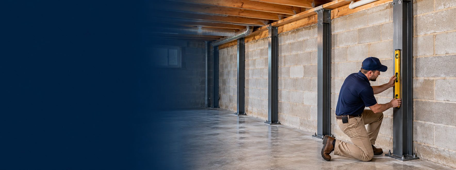 Basement wall reinforced with steel wall braces in a Southeastern Wisconsin home