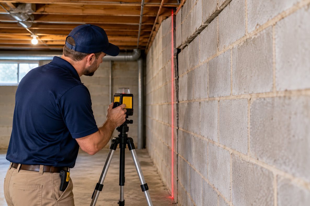 Technician measuring a leaning basement wall before reinforcement