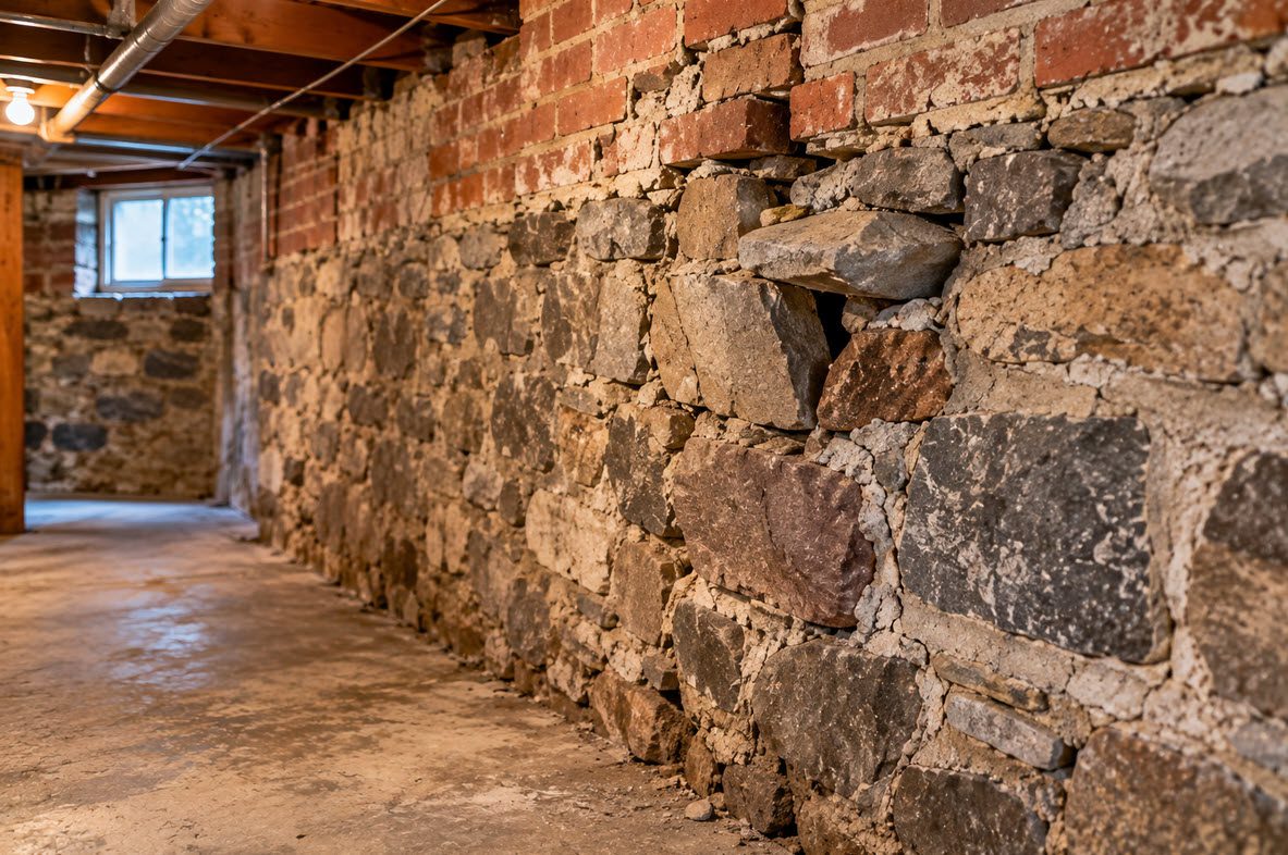 Older stone and brick basement wall bulging in one section