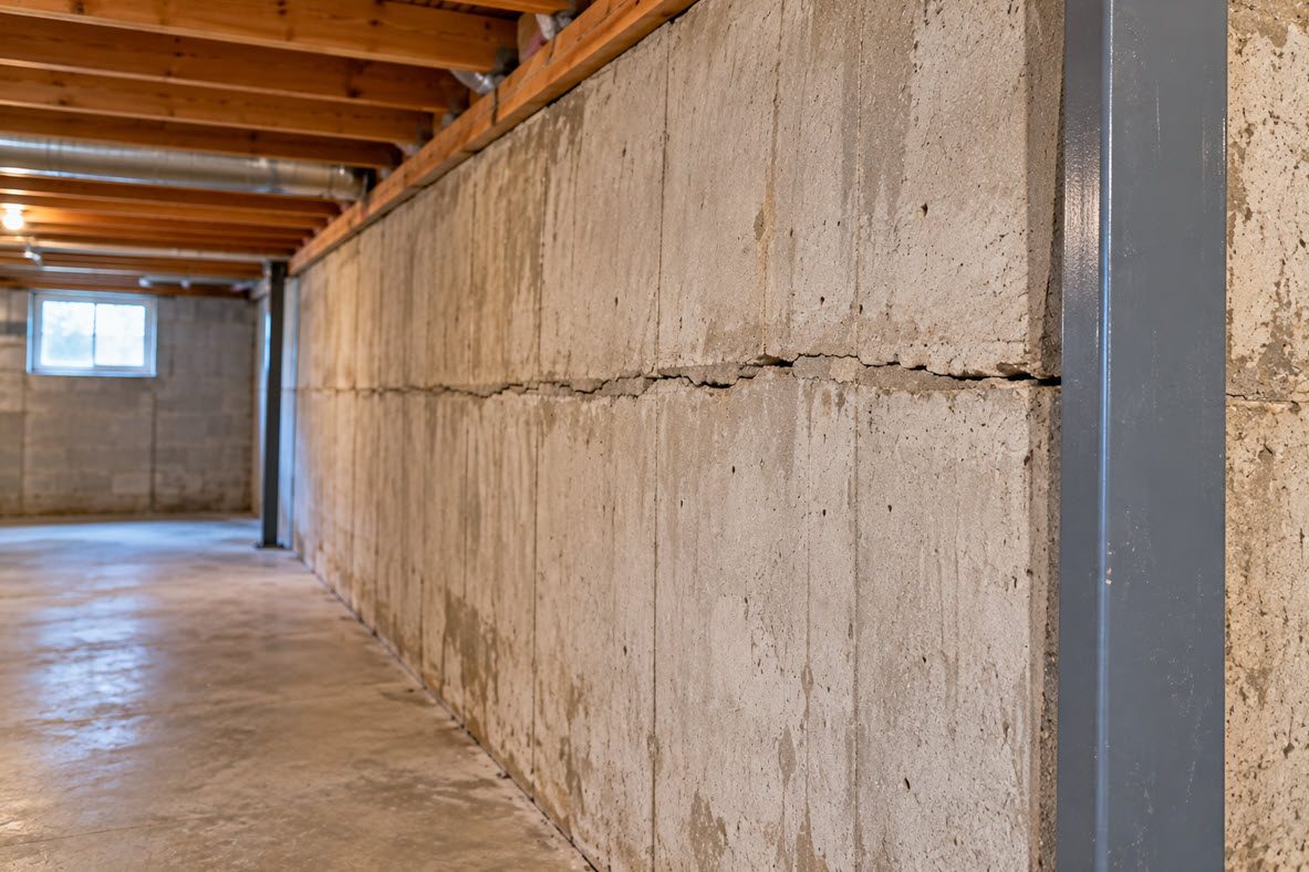 Poured concrete basement wall with a horizontal crack and slight lean